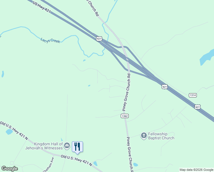 map of restaurants, bars, coffee shops, grocery stores, and more near 140 Hinshaw Street in Siler City