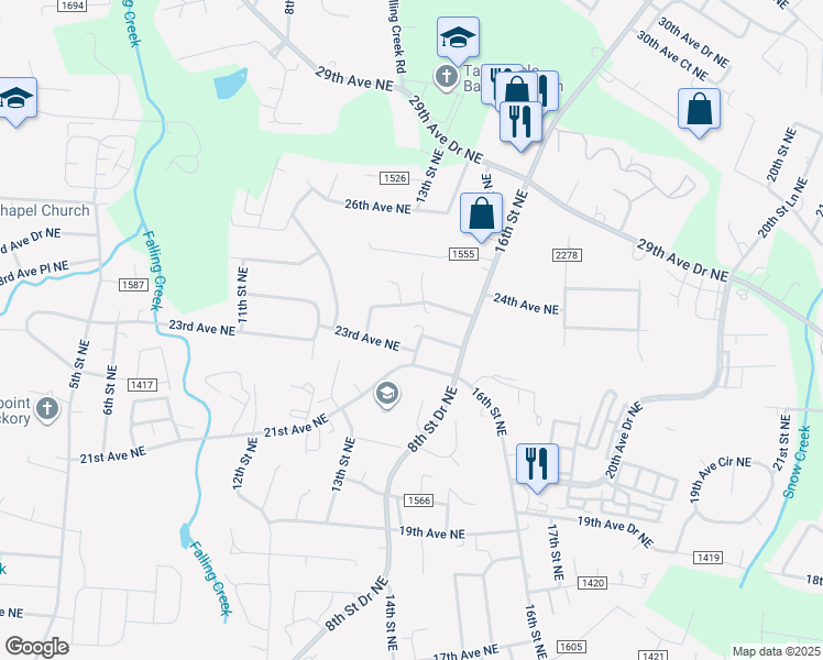 map of restaurants, bars, coffee shops, grocery stores, and more near 1450 23rd Avenue Place Northeast in Hickory
