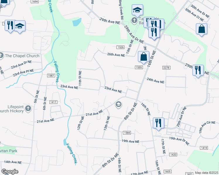 map of restaurants, bars, coffee shops, grocery stores, and more near 1385 23rd Avenue Northeast in Hickory