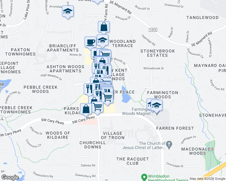 map of restaurants, bars, coffee shops, grocery stores, and more near 229 Hanover Place in Cary
