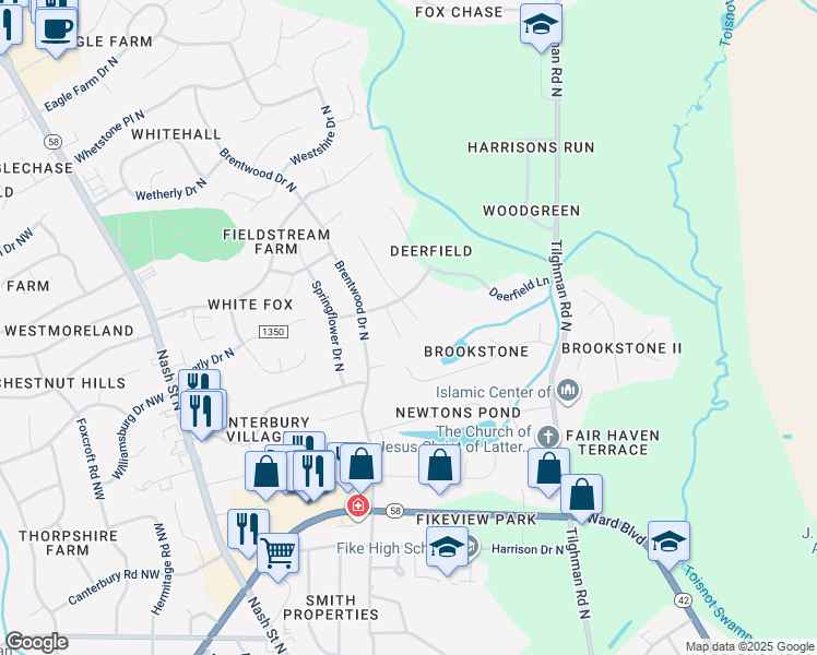map of restaurants, bars, coffee shops, grocery stores, and more near 2905 Bennington Place North in Wilson