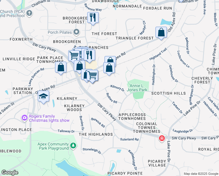 map of restaurants, bars, coffee shops, grocery stores, and more near 1227 Kilmory Drive in Cary