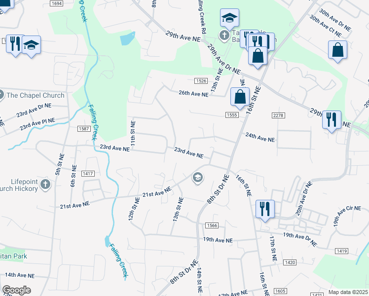 map of restaurants, bars, coffee shops, grocery stores, and more near 1385 23rd Avenue Northeast in Hickory