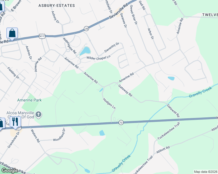 map of restaurants, bars, coffee shops, grocery stores, and more near 1108 Amerine Road in Maryville
