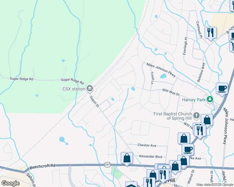 map of restaurants, bars, coffee shops, grocery stores, and more near 133 Ruben Road in Spring Hill