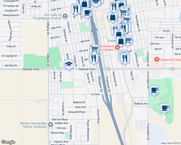 map of restaurants, bars, coffee shops, grocery stores, and more near 401 Dover Place in Delano