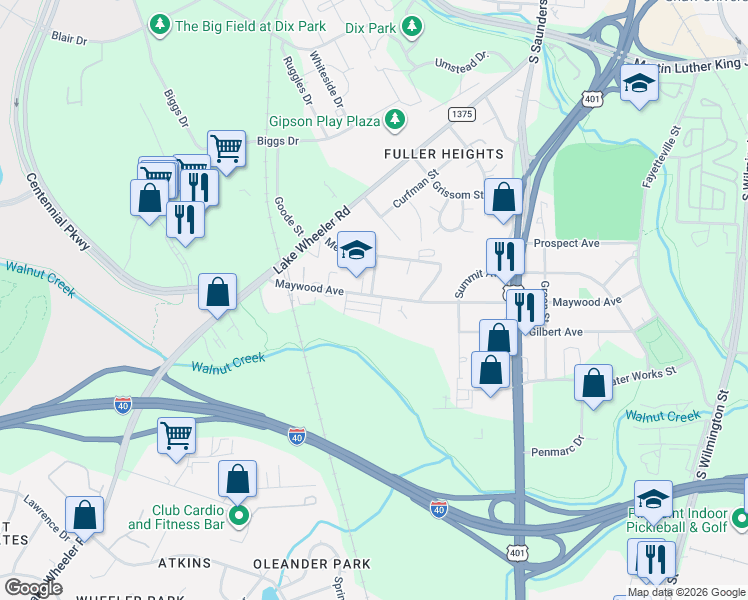 map of restaurants, bars, coffee shops, grocery stores, and more near 610 Maywood Avenue in Raleigh