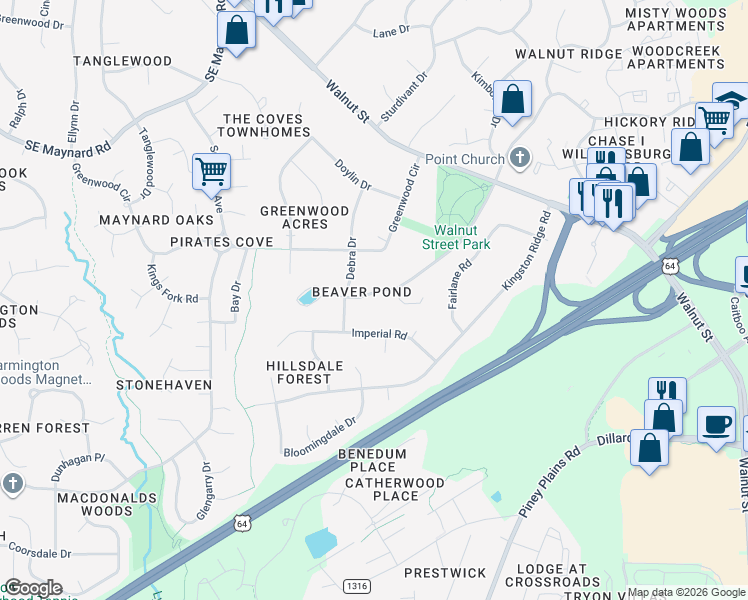 map of restaurants, bars, coffee shops, grocery stores, and more near 205 Lawrence Road in Cary