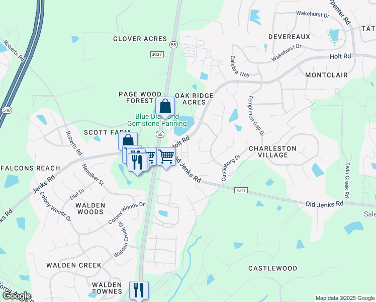 map of restaurants, bars, coffee shops, grocery stores, and more near 507 Wayland Grove Lane in Apex