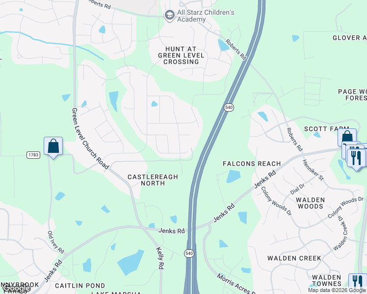 map of restaurants, bars, coffee shops, grocery stores, and more near 7408 Hickory Mountain Road in Apex