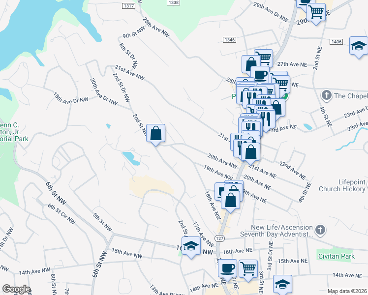 map of restaurants, bars, coffee shops, grocery stores, and more near 148 20th Avenue Northwest in Hickory
