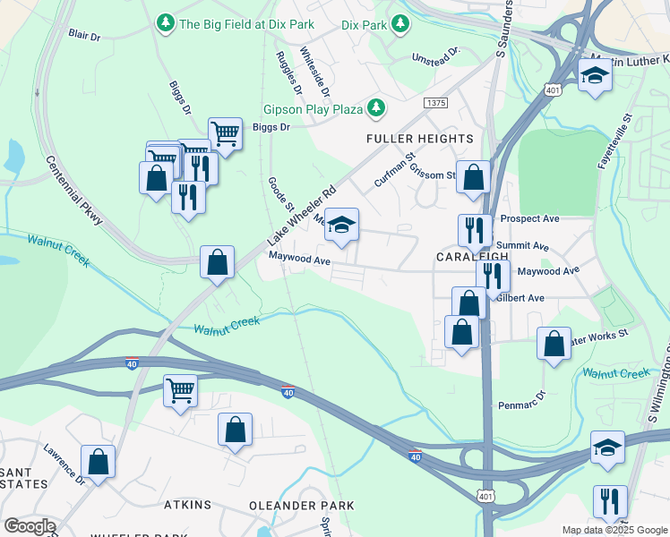 map of restaurants, bars, coffee shops, grocery stores, and more near 617 Maywood Avenue in Raleigh