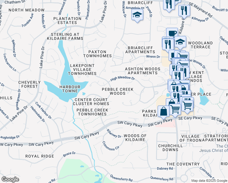 map of restaurants, bars, coffee shops, grocery stores, and more near 106 Flora McDonald Lane in Cary