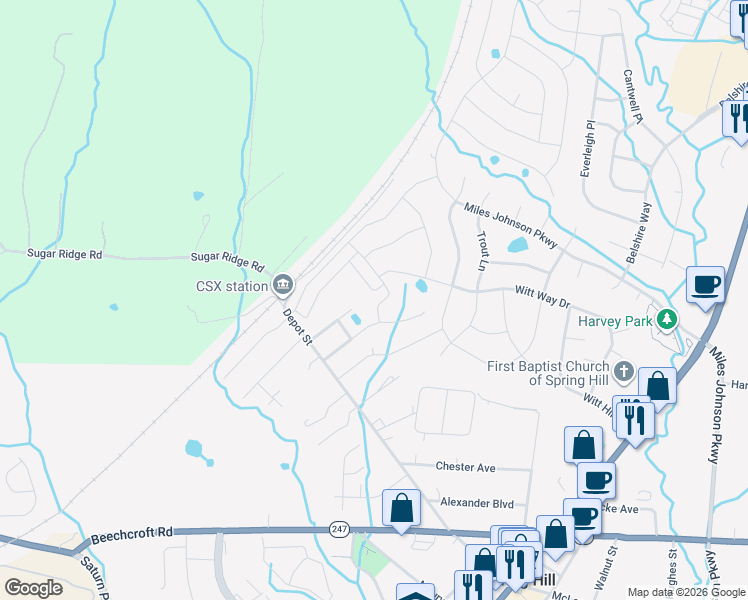 map of restaurants, bars, coffee shops, grocery stores, and more near 1812 Witt Way Drive in Spring Hill