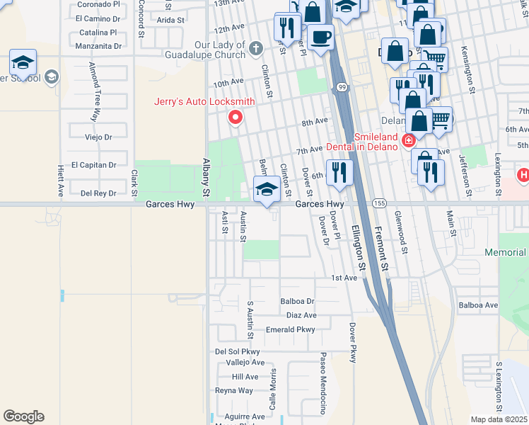 map of restaurants, bars, coffee shops, grocery stores, and more near 120 Garces Highway in Delano