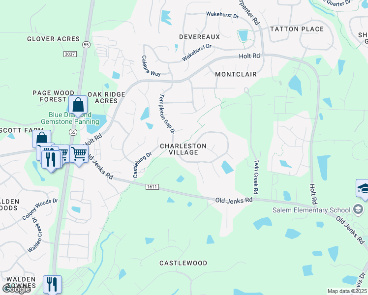 map of restaurants, bars, coffee shops, grocery stores, and more near 2448 Castleburg Drive in Apex