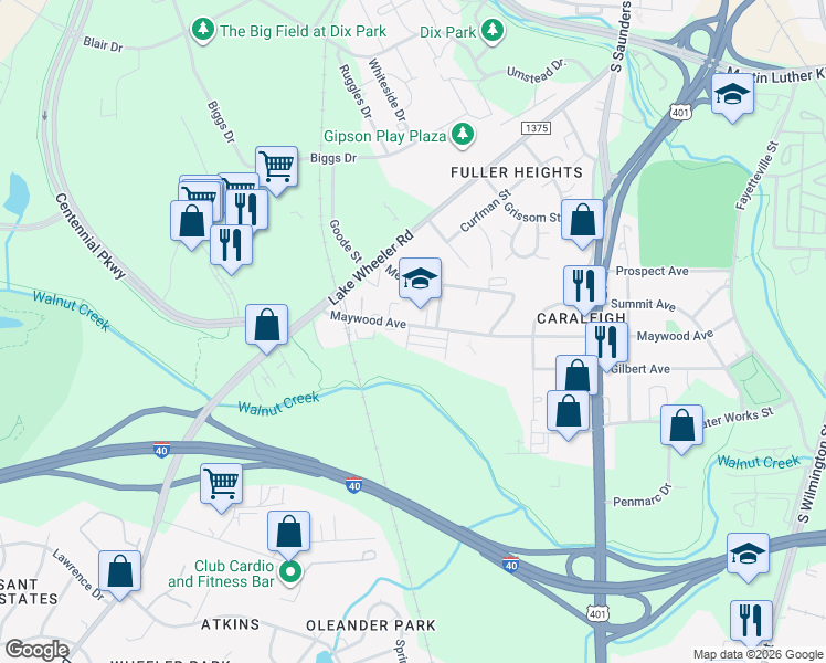 map of restaurants, bars, coffee shops, grocery stores, and more near 617 Maywood Avenue in Raleigh