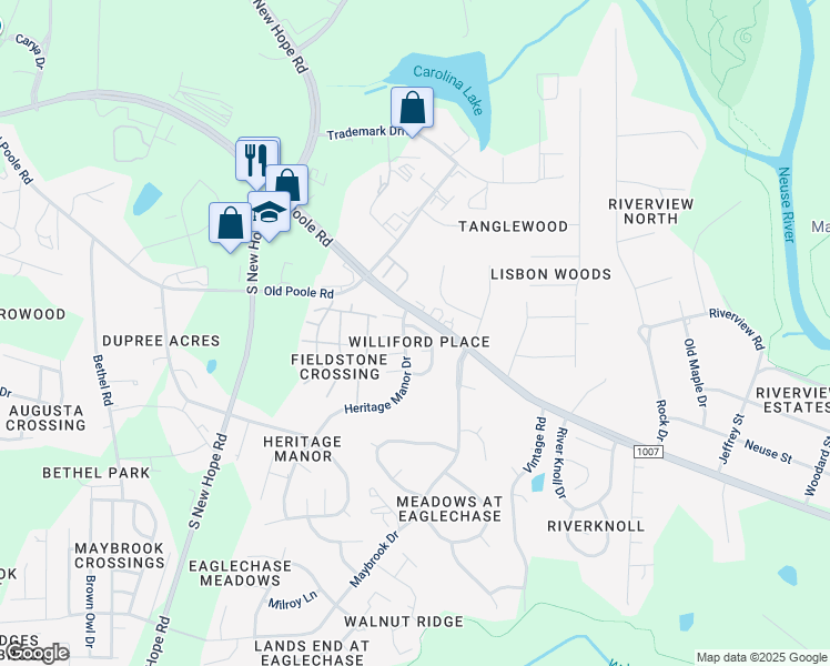 map of restaurants, bars, coffee shops, grocery stores, and more near 1208 Swingline Way in Raleigh