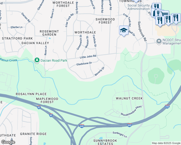 map of restaurants, bars, coffee shops, grocery stores, and more near 1220 Bentley Lane in Raleigh