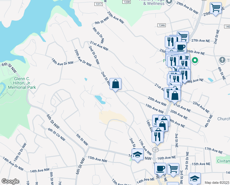 map of restaurants, bars, coffee shops, grocery stores, and more near 1999 2nd Street Northwest in Hickory