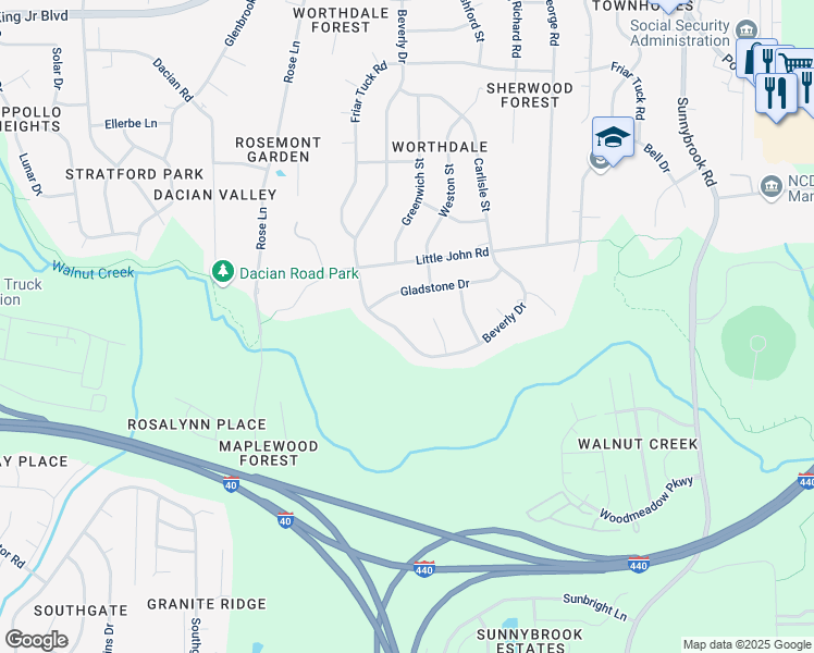map of restaurants, bars, coffee shops, grocery stores, and more near 1217 Beverly Drive in Raleigh