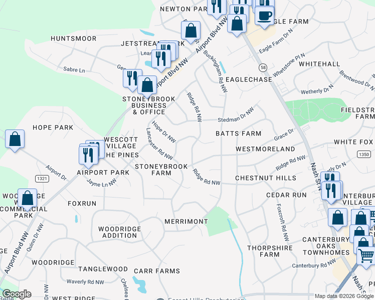 map of restaurants, bars, coffee shops, grocery stores, and more near 2803 Barkley Dr NW in Wilson