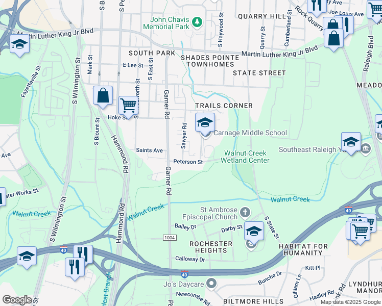 map of restaurants, bars, coffee shops, grocery stores, and more near 1449 Sawyer Road in Raleigh