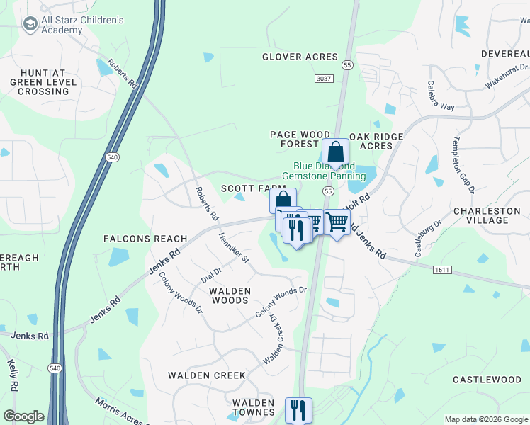 map of restaurants, bars, coffee shops, grocery stores, and more near 6928 Jenks Road in Cary