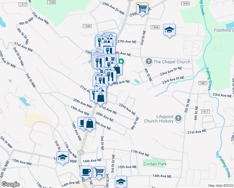 map of restaurants, bars, coffee shops, grocery stores, and more near 43 22nd Avenue Northeast in Hickory