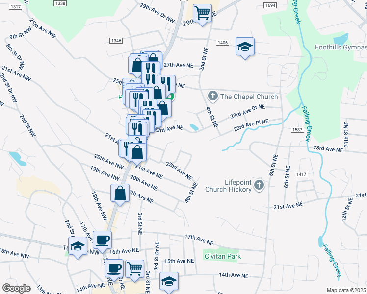 map of restaurants, bars, coffee shops, grocery stores, and more near 2256 2nd Street Northeast in Hickory