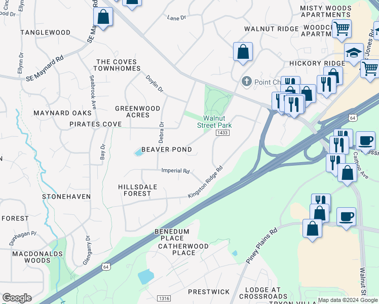 map of restaurants, bars, coffee shops, grocery stores, and more near 103 Whitby Court in Cary