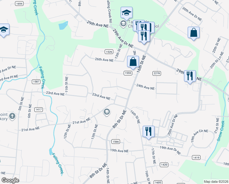 map of restaurants, bars, coffee shops, grocery stores, and more near 1450 23rd Avenue Place Northeast in Hickory