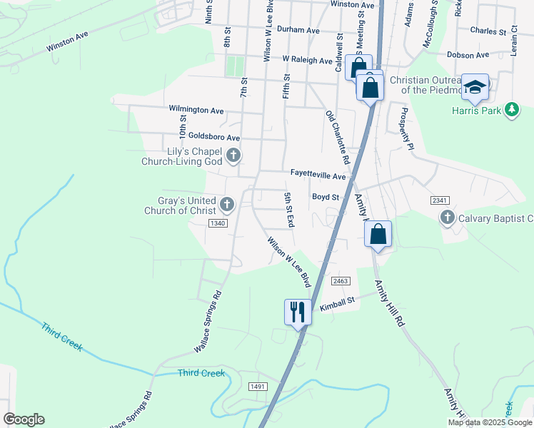 map of restaurants, bars, coffee shops, grocery stores, and more near 525 Hickory Avenue in Statesville