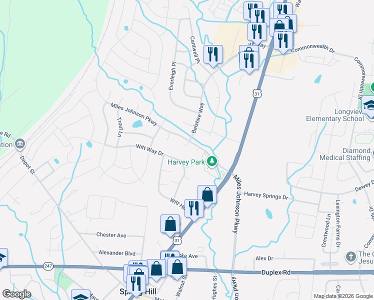 map of restaurants, bars, coffee shops, grocery stores, and more near 2002 Fishers Loop in Spring Hill