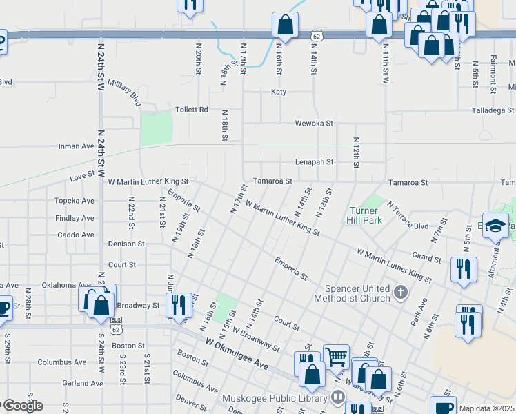 map of restaurants, bars, coffee shops, grocery stores, and more near 601 North 16th Street in Muskogee