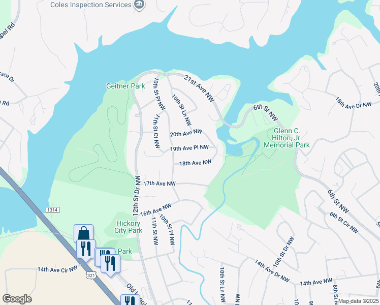 map of restaurants, bars, coffee shops, grocery stores, and more near 1059 19th Avenue Place Northwest in Hickory