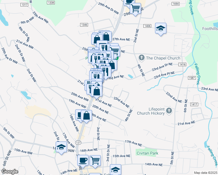 map of restaurants, bars, coffee shops, grocery stores, and more near 43 22nd Avenue Northeast in Hickory