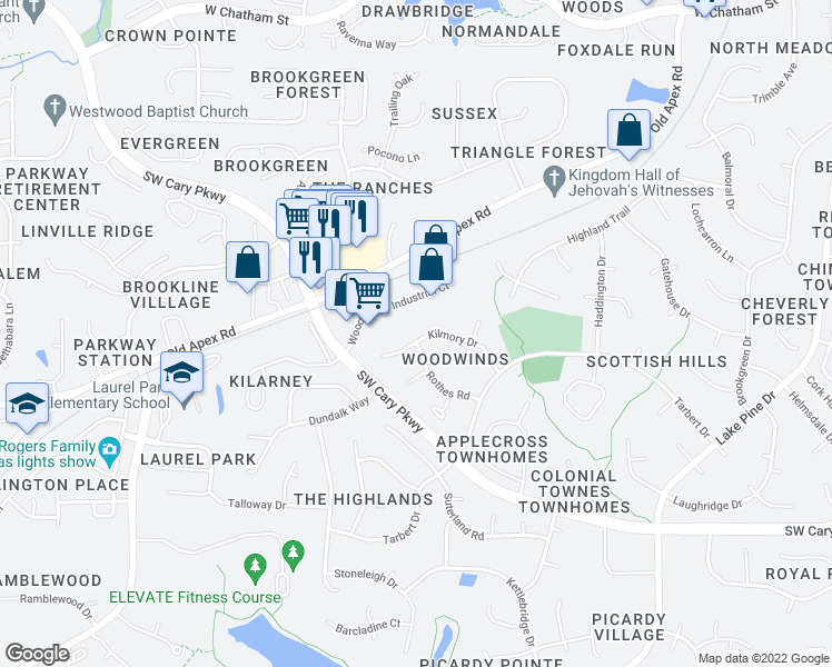 map of restaurants, bars, coffee shops, grocery stores, and more near 1234 Kilmory Drive in Cary