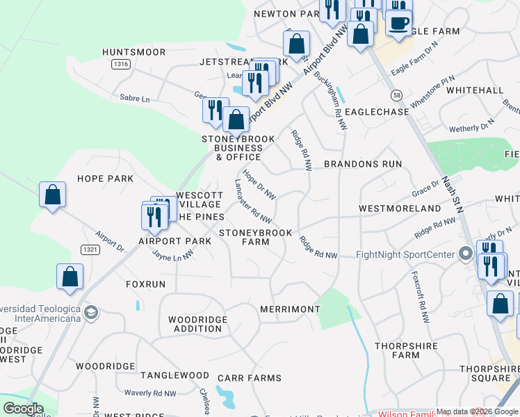 map of restaurants, bars, coffee shops, grocery stores, and more near 2803 Hope Drive Northwest in Wilson