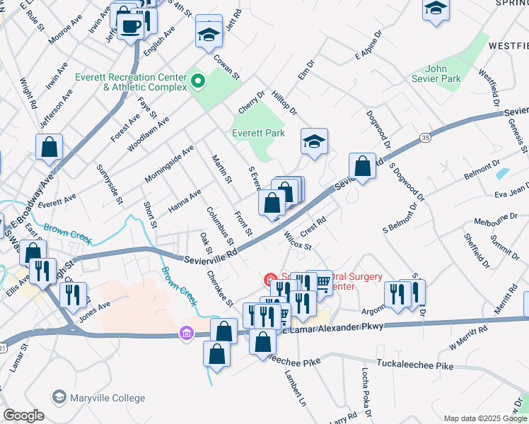 map of restaurants, bars, coffee shops, grocery stores, and more near 814 South Everett High Road in Maryville