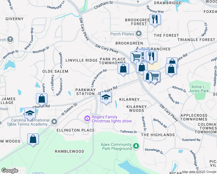 map of restaurants, bars, coffee shops, grocery stores, and more near 1008 Monmouth Loop in Cary