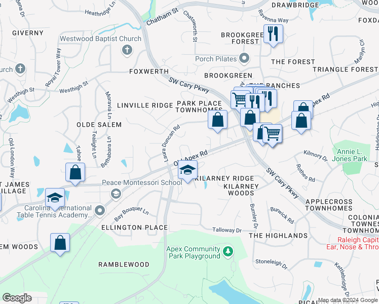 map of restaurants, bars, coffee shops, grocery stores, and more near Monmouth Loop in Cary
