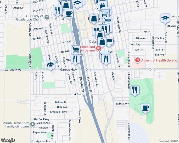map of restaurants, bars, coffee shops, grocery stores, and more near 604 Garces Highway in Delano