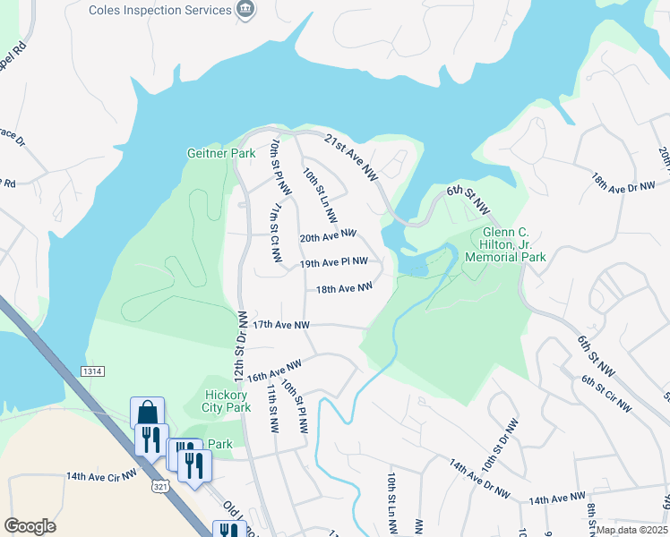 map of restaurants, bars, coffee shops, grocery stores, and more near 1059 19th Avenue Place Northwest in Hickory