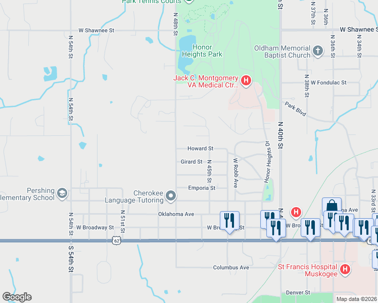 map of restaurants, bars, coffee shops, grocery stores, and more near 4700 Howard Street in Muskogee