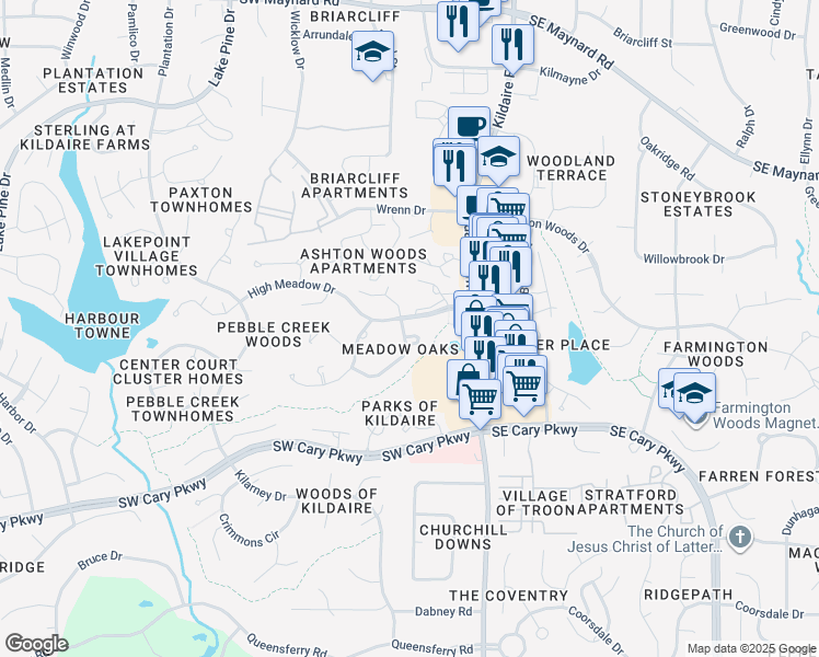 map of restaurants, bars, coffee shops, grocery stores, and more near 101 Allison Way in Cary
