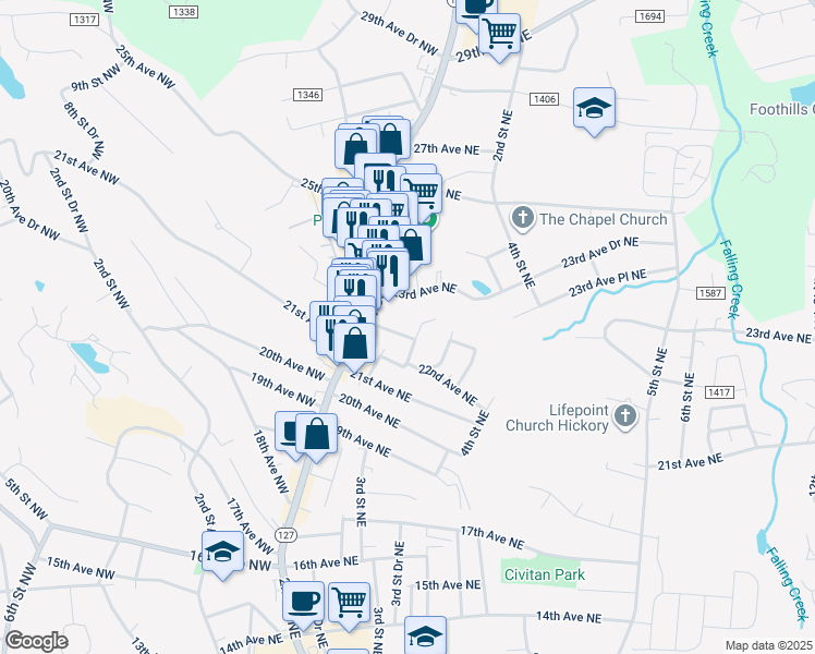 map of restaurants, bars, coffee shops, grocery stores, and more near 41 22nd Avenue Northeast in Hickory