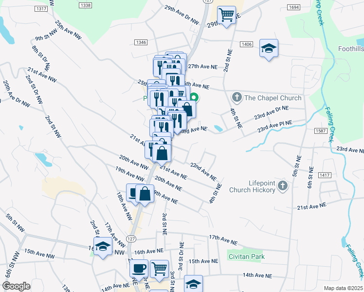 map of restaurants, bars, coffee shops, grocery stores, and more near 41 22nd Avenue Northeast in Hickory