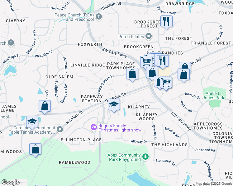 map of restaurants, bars, coffee shops, grocery stores, and more near 1010 Monmouth Loop in Cary