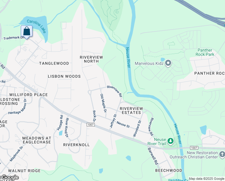 map of restaurants, bars, coffee shops, grocery stores, and more near 1200 Riverview Road in Raleigh